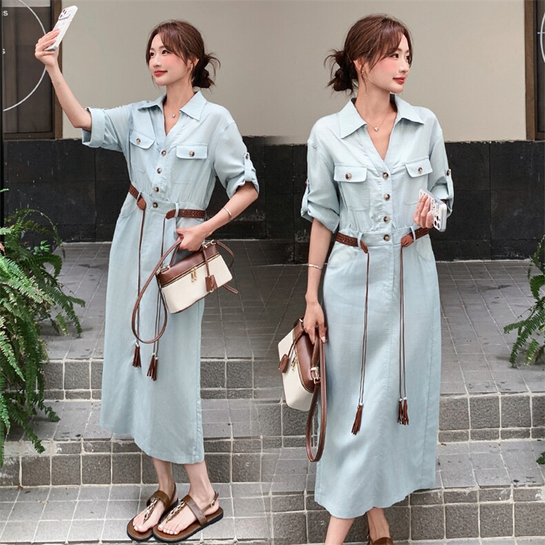 《26夏上新现货》天丝亚麻气质舒服透气三色连衣裙女送腰带,女装连衣裙,时尚风爆