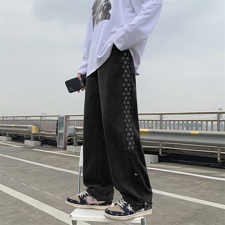 格子牛仔裤男直筒宽松阔腿潮牌裤子ins高街chic港味长裤NK419-P40,男装牛仔裤,星座1008-1