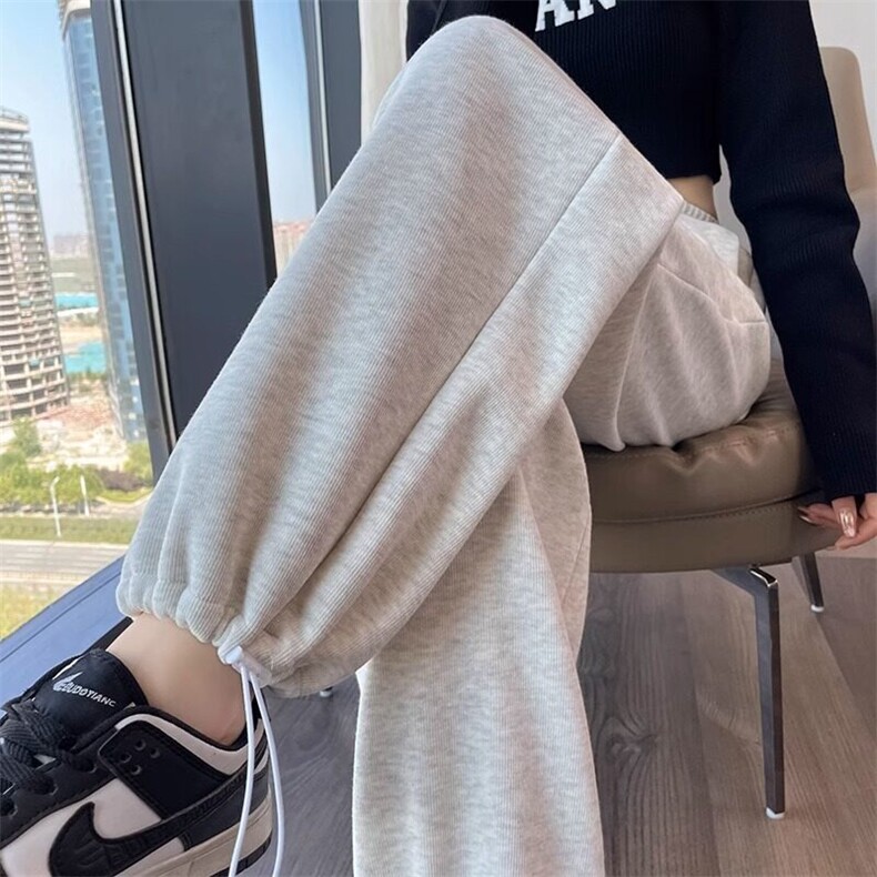 秋季新款宽松束脚运动裤女宽松休闲裤子垂感阔腿裤高腰瘦身长裤图片