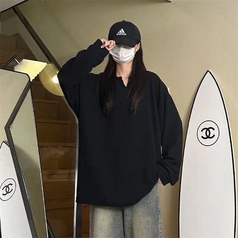 肌理感V领长袖T恤春秋季潮牌宽松重磅上衣痞帅高级感内搭打底衫,男装T恤,星座506A