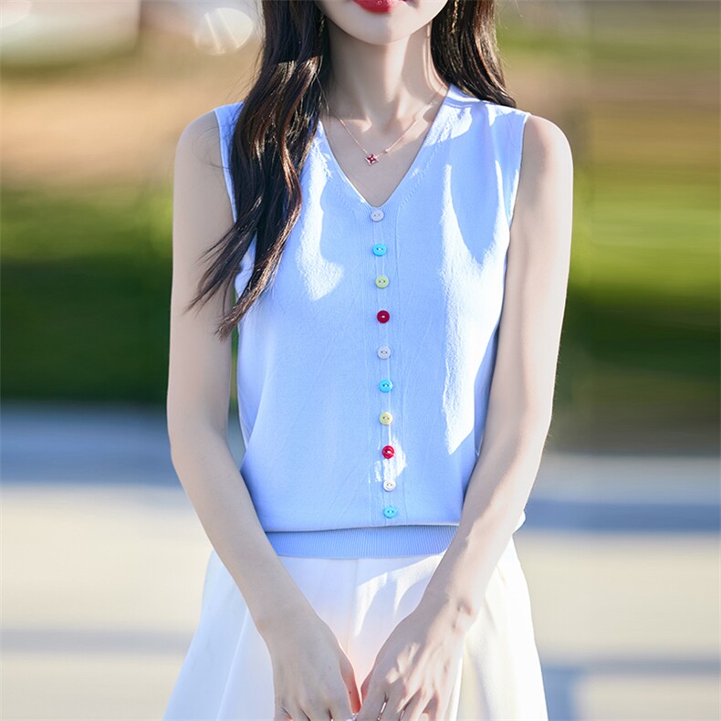 2025夏设计感彩扣冰丝针织吊带背心女内搭外穿V领无袖坎肩上衣T恤,针织衫/毛衣,思牵羊绒
