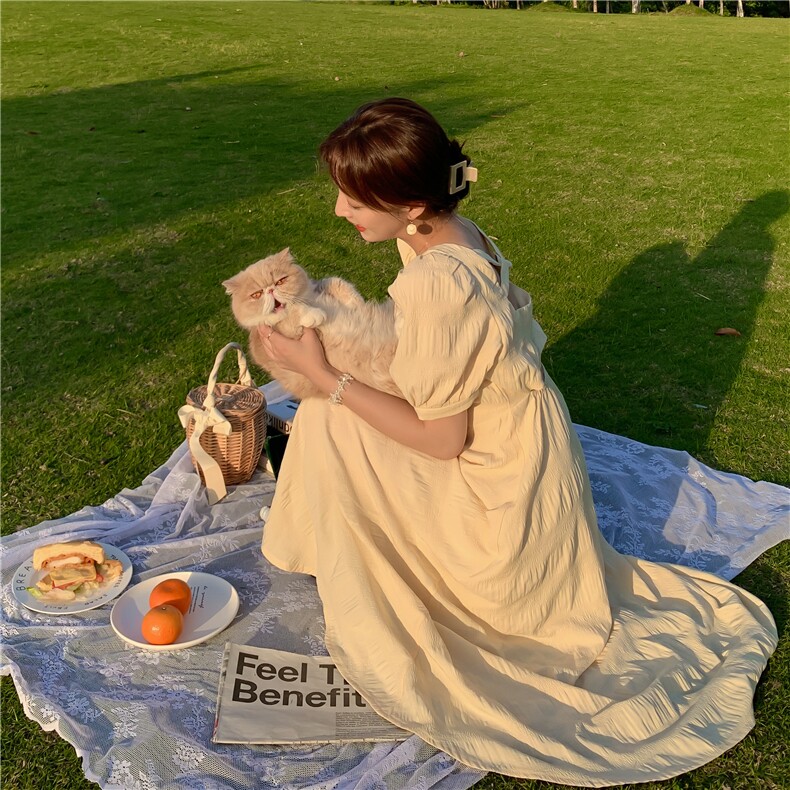 连衣裙时尚潮流舒适短袖2021年夏季纯色宽松优雅,女装连衣裙,安雅