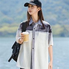 渐变色华夫格短袖衬衫女夏季薄款宽松衬衣外套A406C6051特P45，男装衬衫，星座309（原A406）