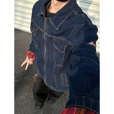 港风撞色长袖格子拼接牛仔外套复古宽松休闲夹克上衣J3561，男装工装外套，星座1116A-1（原606A）