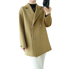 秋冬季羊毛时尚休闲两排两扣经典V领中款大衣，女装双面呢大衣，泰公羊绒