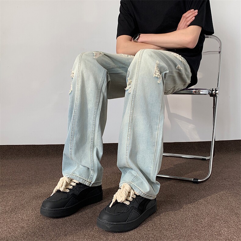 双色破洞牛仔裤男春夏款直筒宽松美式复古裤子潮流784/p56，男装牛仔裤，电商B381-1