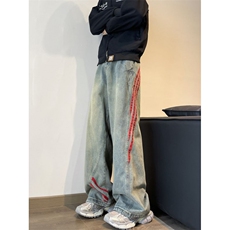 织带条纹牛仔裤男hiphop美式复古水洗裤子秋季潮牌宽松阔腿长裤，男装牛仔裤，星座410-6（原星座1304-1）