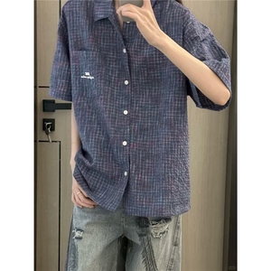 格纹短袖衬衫女夏季ins潮牌休闲宽松慵懒风男女款衬衣LA3166-P38图片