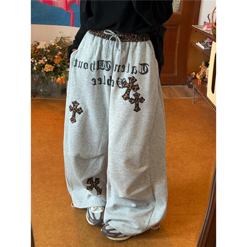 【002】豹纹拼接褶皱弯刀卫裤女字母宽松阔腿裤子A079-K5380-P52,男装休闲裤,电商A079