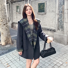 秋冬新款撞色拼接纹领双面羊绒大衣女中长款韩版系带羊毛呢外套女，女装毛呢外套，2C220