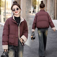 设计感针织拼接短款羽绒服女2025年冬季新款小个子加厚韩版面包服，女装羽绒服，美沁