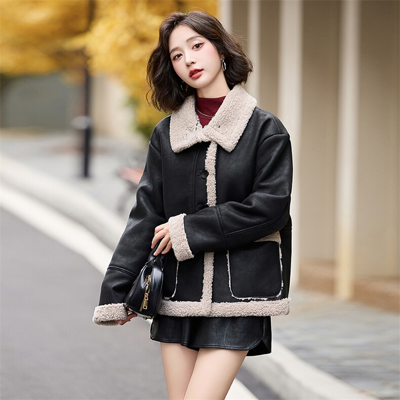 皮毛一体羊羔毛外套女短款2024新款秋冬季加绒机车服加厚皮夹克,女装羊羔毛/颗粒绒,跑量工厂店