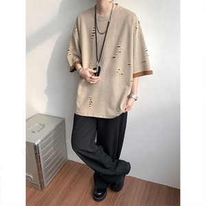 T10137-特批33  控68 开口笑高品质夏季大码短袖破洞潮流百搭T恤图片