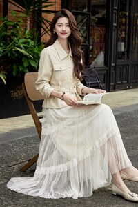 现货2026年春季新款女时尚潮流优雅风小外套皮衣蕾丝半身裙两件套，女装套装/套裙，奋斗女王