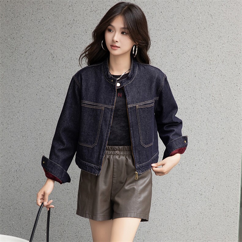 冬装圆领短款明线设计夹克衫棒球服牛仔外套加绒加厚上衣,女装牛仔外套,江南女神
