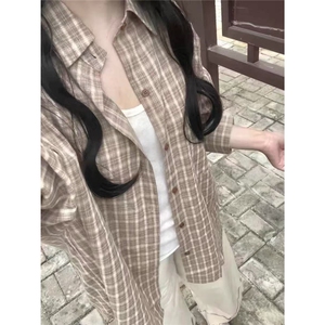 韩版复古格子衬衫女叠穿oversize宽松遮肉慵懒风防晒外穿开衫长袖图片