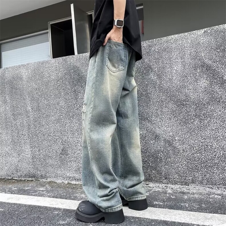 美式做旧破洞牛仔裤男新款情侣水洗复古直筒阔腿长裤子72777-p42,男装牛仔裤,星座1008