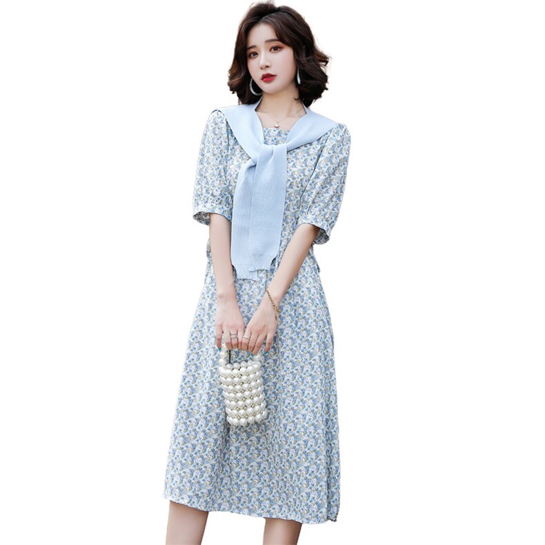 蝶眷2021夏季新款连衣裙长款带披肩系腰带印花款,女装连衣裙,蝶眷