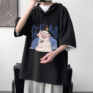 LD54437-P45NASA 连帽短袖t恤男大码胖子带帽五分袖中袖图片