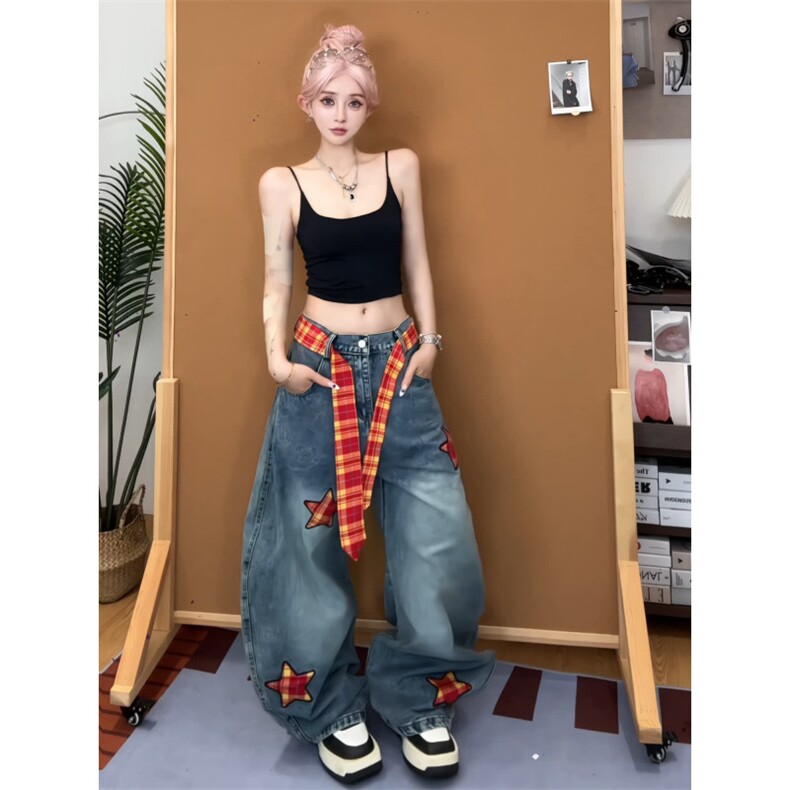 设计感创意汉堡毛巾绣牛仔裤男女显瘦宽松高街阔腿微喇裤,男装牛仔裤,星座506A