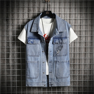 MJ257-50-控78 M-5XL 牛仔大码网格马甲男工装ins无袖外穿潮牌图片