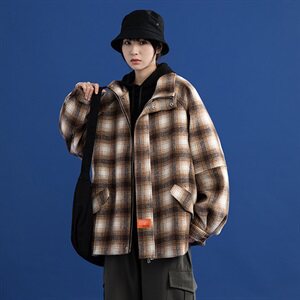 20年秋冬新款高领学院INS格纹呢料外套DS-B293-A602-P95控125图片
