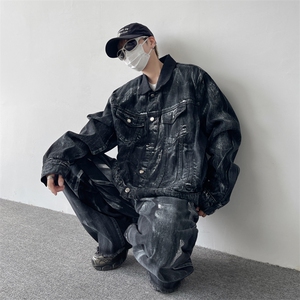 美式高街牛仔套装男韩版个性牛仔裤2023冬季ins两件套W5485-P110图片