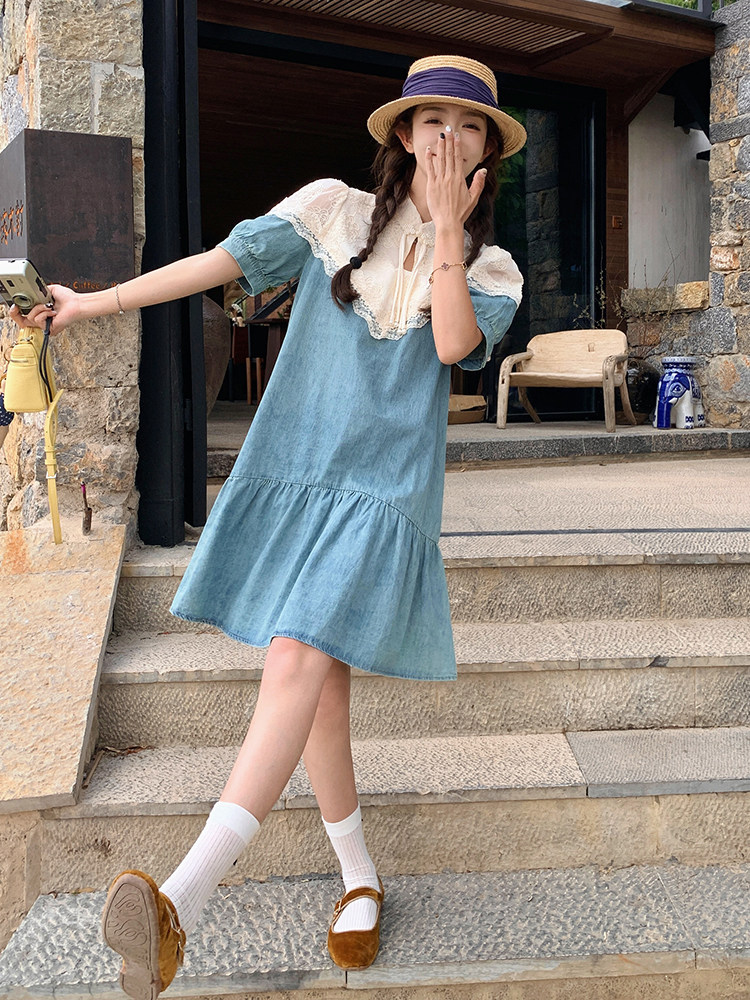 设计感蕾丝拼接牛仔连衣裙女夏2025新款高级感超好看小个子休闲裙,女装连衣裙,浙宝192（原082）