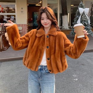 南瓜色秋冬皮毛一体外套女仿水貂绒休闲上衣2C353--719# P190K288图片