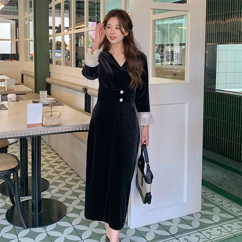 2024春装新款金丝绒七分袖连衣裙浙宝B2楼239-P115-控165,女装连衣裙,姿衣轩