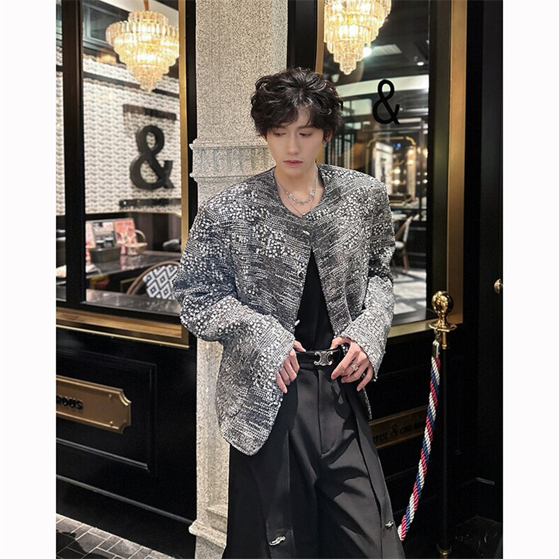 现货！25春季男士设计感夜店闪片小香风短款垫肩外套XXF21-P168,男装夹克,电商B288