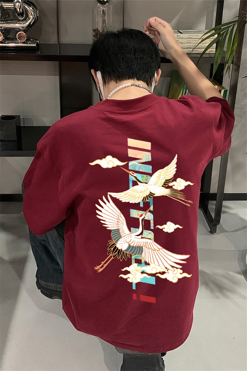 已做版权新中式潮短袖风宽松仙鹤复古t恤男T55-P28,男装T恤,星座205-5