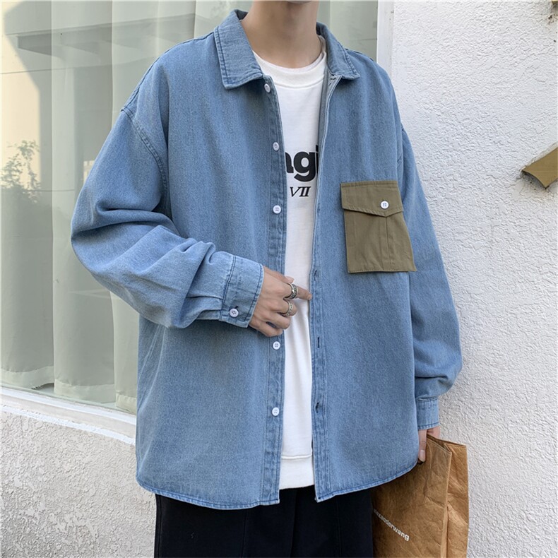 韩版潮流休闲工装衬衣春ins潮牌痞帅宽松牛仔衬衫外套W441-P50,男装衬衫,星座512-2