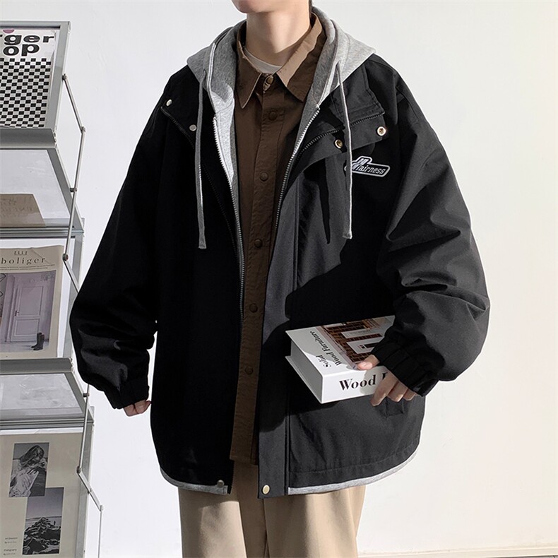 春秋款工装连帽假两件夹克潮流拼色宽松冲锋衣外套JK8310-P65,男装夹克,电商B306