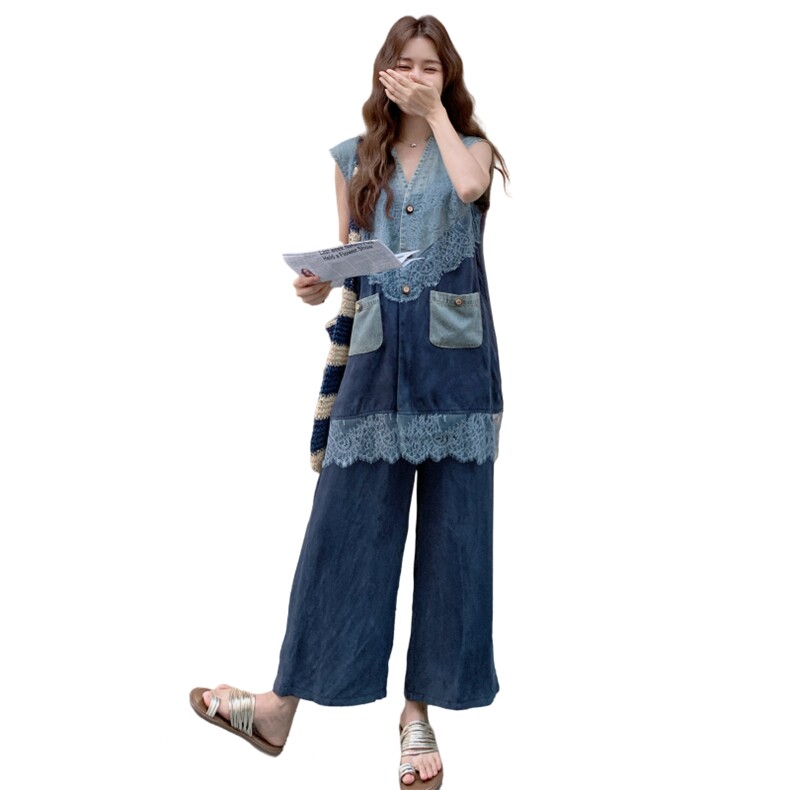蕾丝拼接无袖牛仔马甲阔腿裤套装女夏巨好看小众不撞款两件套流行,女装套装/套裙,2C198