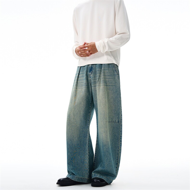 2025秋冬日系韩版弧形褶皱休闲牛仔裤男直筒宽松复古蓝弯刀长裤子，男装牛仔裤，星座301D-3