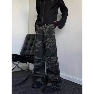 美式复古迷彩伞兵工装裤男春秋潮牌青少年宽松休闲褶皱直筒牛仔裤图片