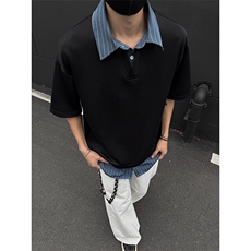GENIOLAMODE夏季短袖polo衫男士T恤2025新款拼接假两件美式复古潮，男装T恤，电商A001