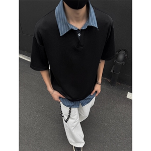 GENIOLAMODE夏季短袖polo衫男士T恤2025新款拼接假两件美式复古潮图片