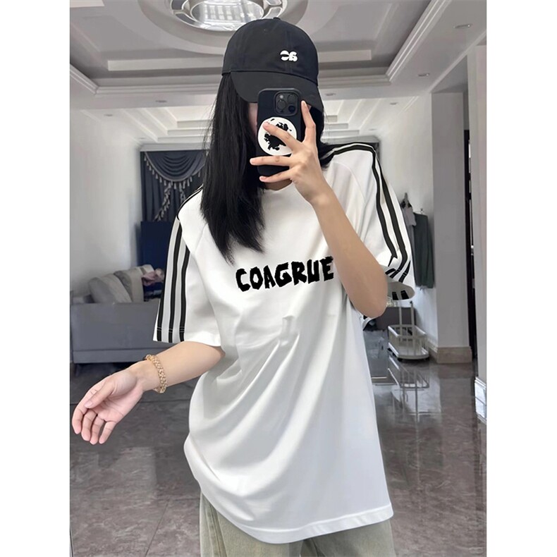 抖音得物高品质二开240克宽松纯棉美式潮牌三条杠织带短袖T恤,男装T恤,电商A486