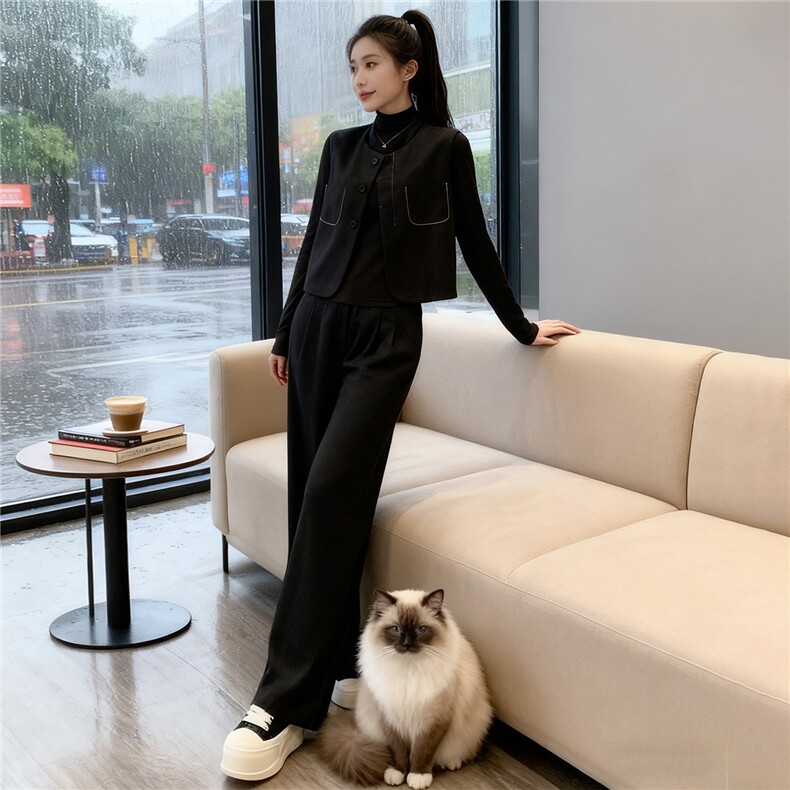 高端时尚套装女秋显瘦短款马甲外套内搭深灰打底衫阔腿长裤三件套,女装套装/套裙,江南