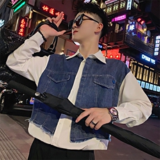 ACS07/特P78控108秋季社会小伙拼接牛仔痞帅假两件袖衬衫男图首2，男装衬衫，星座305B-1