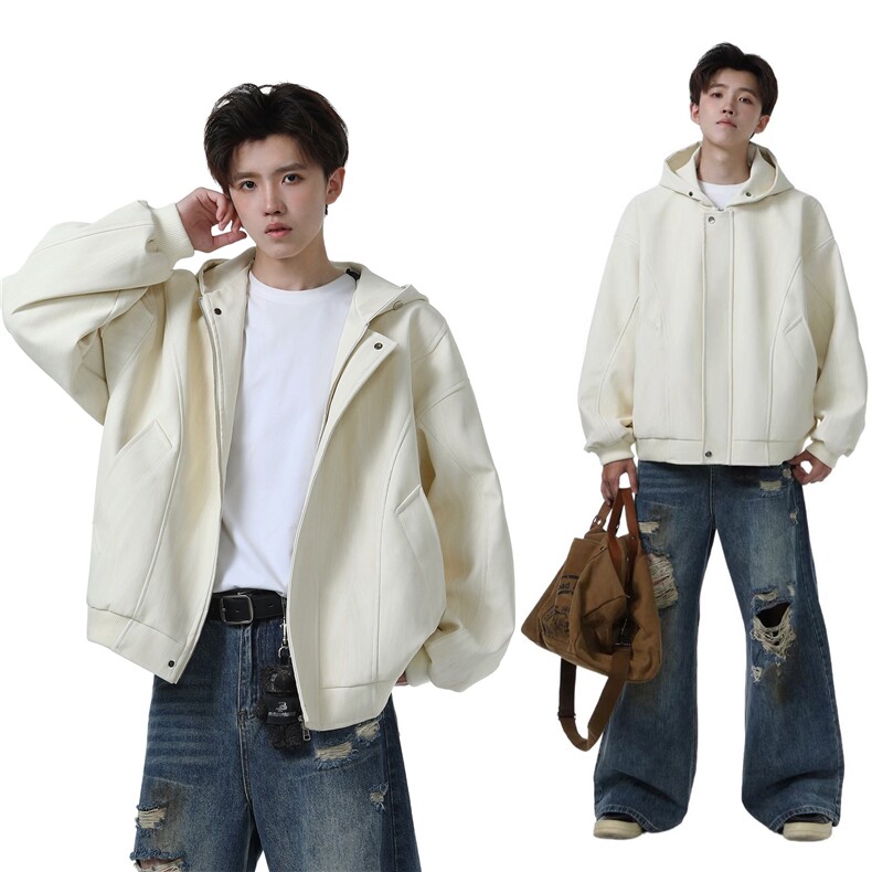 PY2501/P98秋装新款宽松连帽皮衣皮夹克男休闲百搭潮流痞帅外套,男装皮衣,电商B210