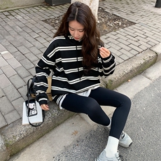 oversize条纹卫衣女春秋2025新款美式复古侧边拉链洋气上衣外套，女装卫衣/绒衫，2C085