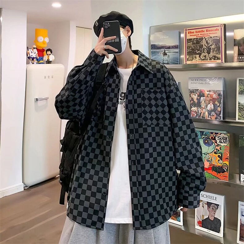 港风复古格子衬衫男双口袋衬衣外套韩版潮流休闲长袖W5241-P36,男装衬衫,星座512-2