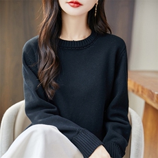 100%纯棉针织衫长袖毛衣女圆领纯色加厚棉麻上衣宽松百搭休闲打底，女装针织衫/毛衣，长今羊