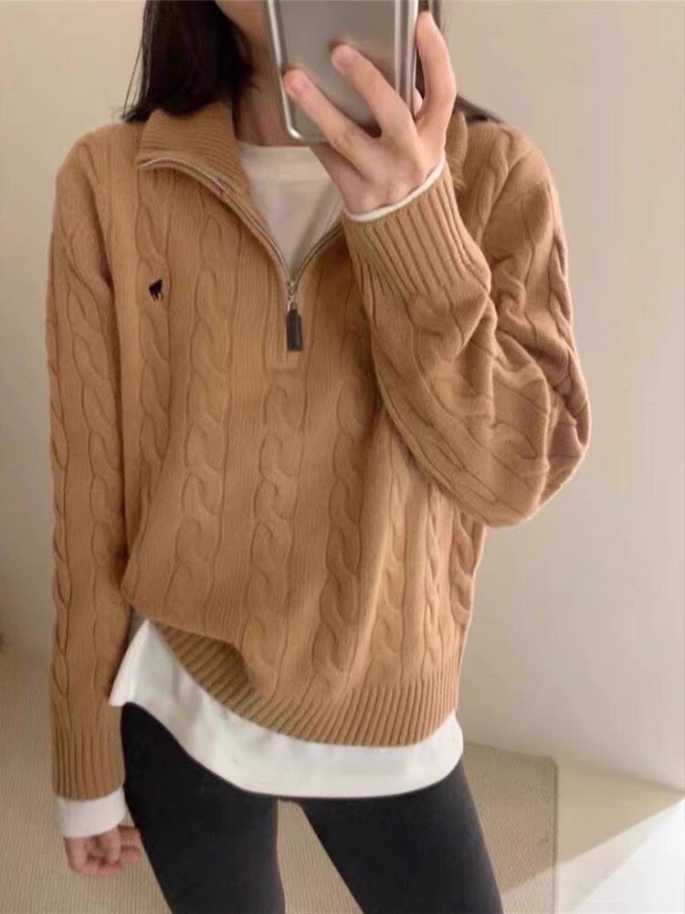 美式复古翻领半拉链麻花毛衣2025秋冬女款软糯慵懒风高领针织上衣，女装针织衫/毛衣，美莎羊绒