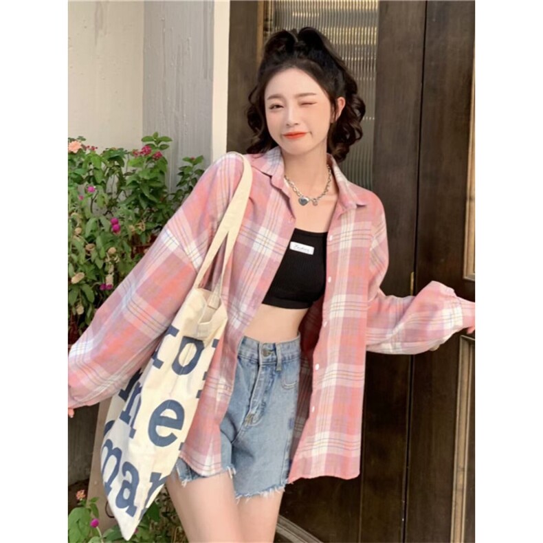 TC674-p45粉色格子衬衫外套女秋冬2026新款慵懒风长袖衬衣,女装衬衫,星座617A-2