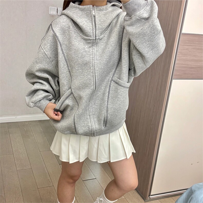 抖音得物高品质秋冬美式高街重磅结构辑明线纹理连帽卫衣外套W111,男装卫衣,电商A486