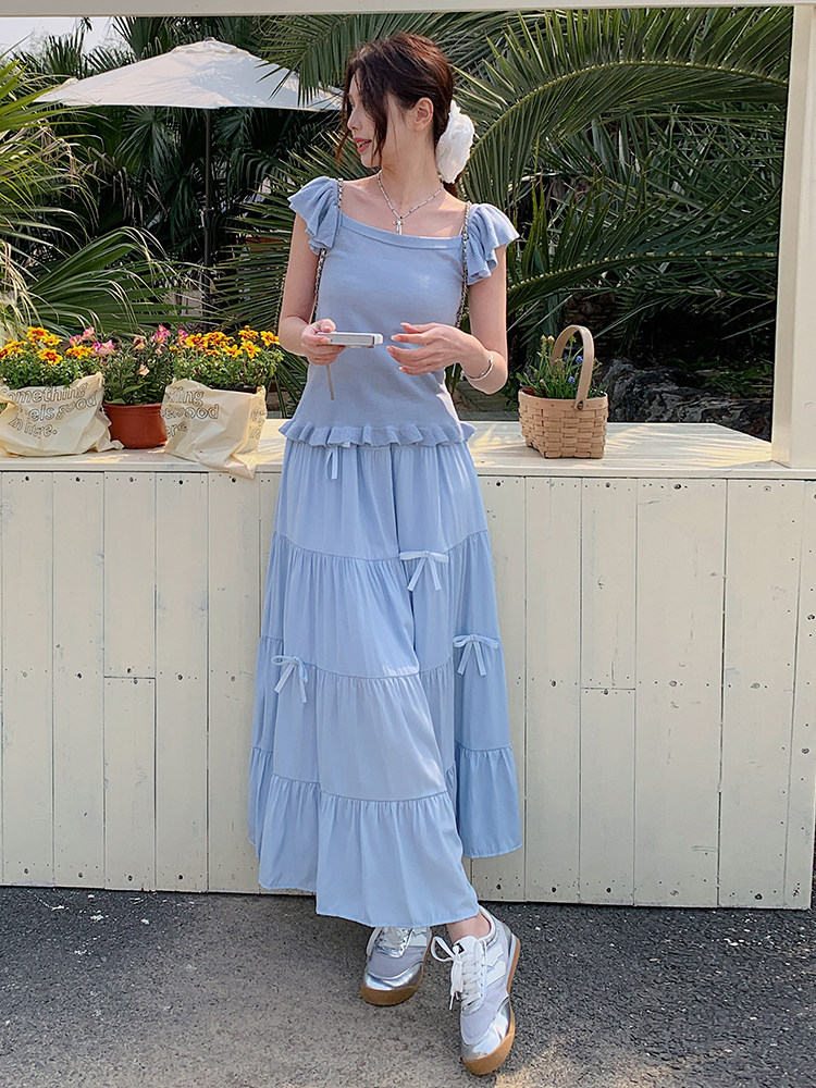 蓝色蝴蝶结高腰半身裙套装女夏季2025新款独特漂亮针织上衣两件套,女装套装/套裙,浙宝220A